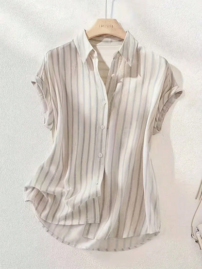 This Casual And Women's Striped Polyester Shirt Features A Button-Up Collar, Short Batwing Sleeves Summer, Effortless Style