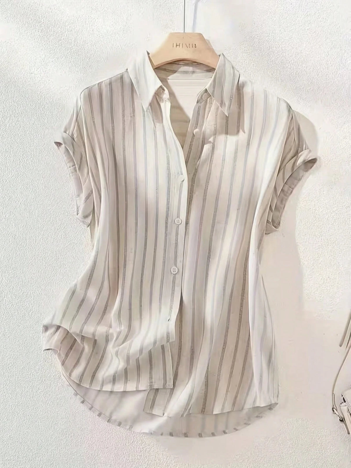 This Casual And Women's Striped Polyester Shirt Features A Button-Up Collar, Short Batwing Sleeves Summer, Effortless Style