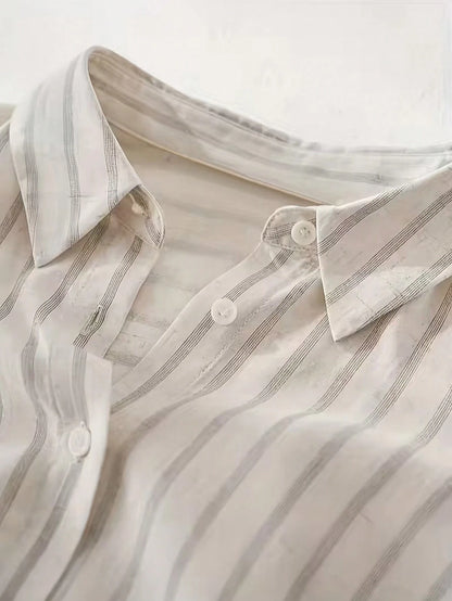 This Casual And Women's Striped Polyester Shirt Features A Button-Up Collar, Short Batwing Sleeves Summer, Effortless Style