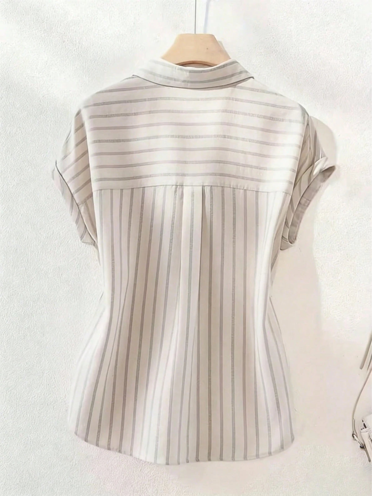 This Casual And Women's Striped Polyester Shirt Features A Button-Up Collar, Short Batwing Sleeves Summer, Effortless Style