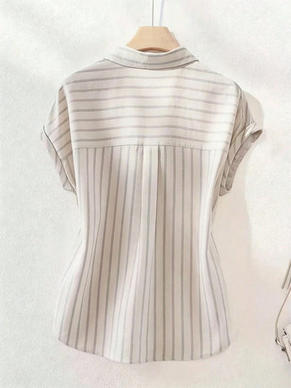 This Casual And Women's Striped Polyester Shirt Features A Button-Up Collar, Short Batwing Sleeves Summer, Effortless Style