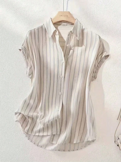 This Casual And Women's Striped Polyester Shirt Features A Button-Up Collar, Short Batwing Sleeves Summer, Effortless Style