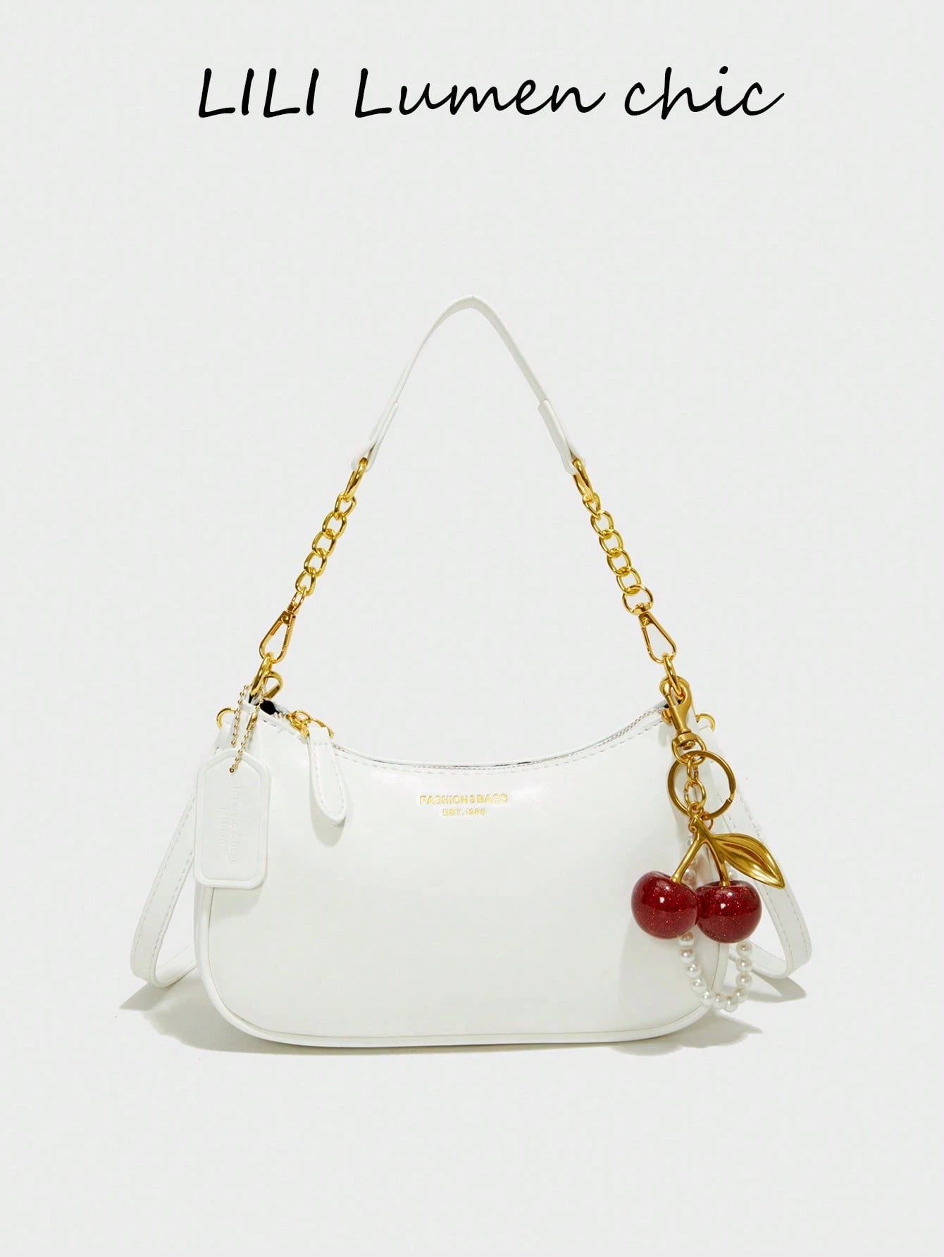This Fashionable Shoulder Bag Features A Classic Letter Pattern And Pearl Cherry Pendant Decoration. Made Of Solid-Color Waterproof PU Material, It Can Be Used As A Shoulder Bag, Underarm Bag, Crescen