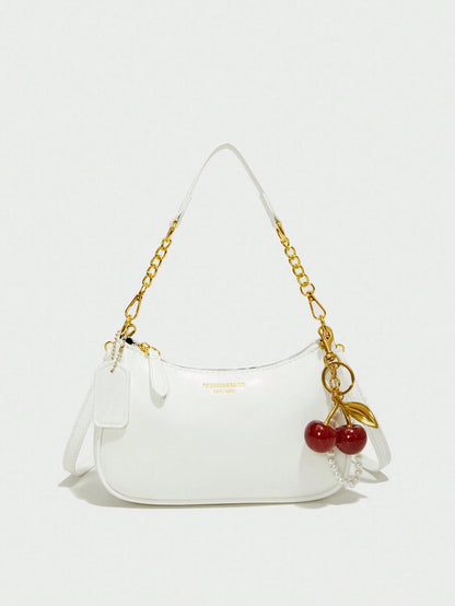 This Fashionable Shoulder Bag Features A Classic Letter Pattern And Pearl Cherry Pendant Decoration. Made Of Solid-Color Waterproof PU Material, It Can Be Used As A Shoulder Bag, Underarm Bag, Crescen