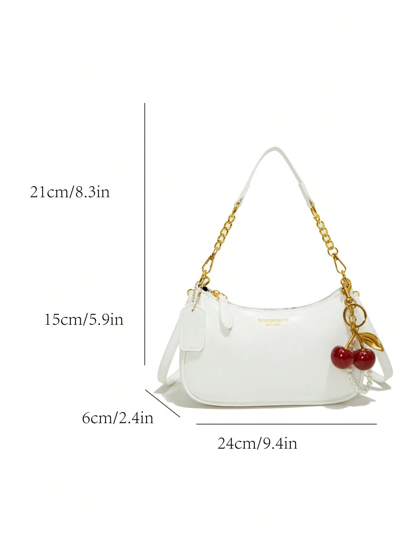 This Fashionable Shoulder Bag Features A Classic Letter Pattern And Pearl Cherry Pendant Decoration. Made Of Solid-Color Waterproof PU Material, It Can Be Used As A Shoulder Bag, Underarm Bag, Crescen