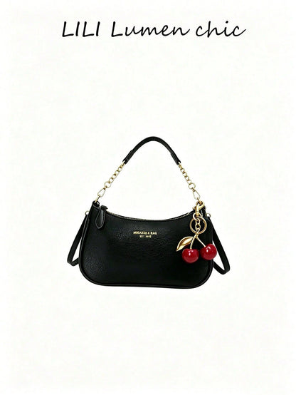 This Fashionable Shoulder Bag Features A Classic Letter Pattern And Pearl Cherry Pendant Decoration. Made Of Solid-Color Waterproof PU Material, It Can Be Used As A Shoulder Bag, Underarm Bag, Crescen