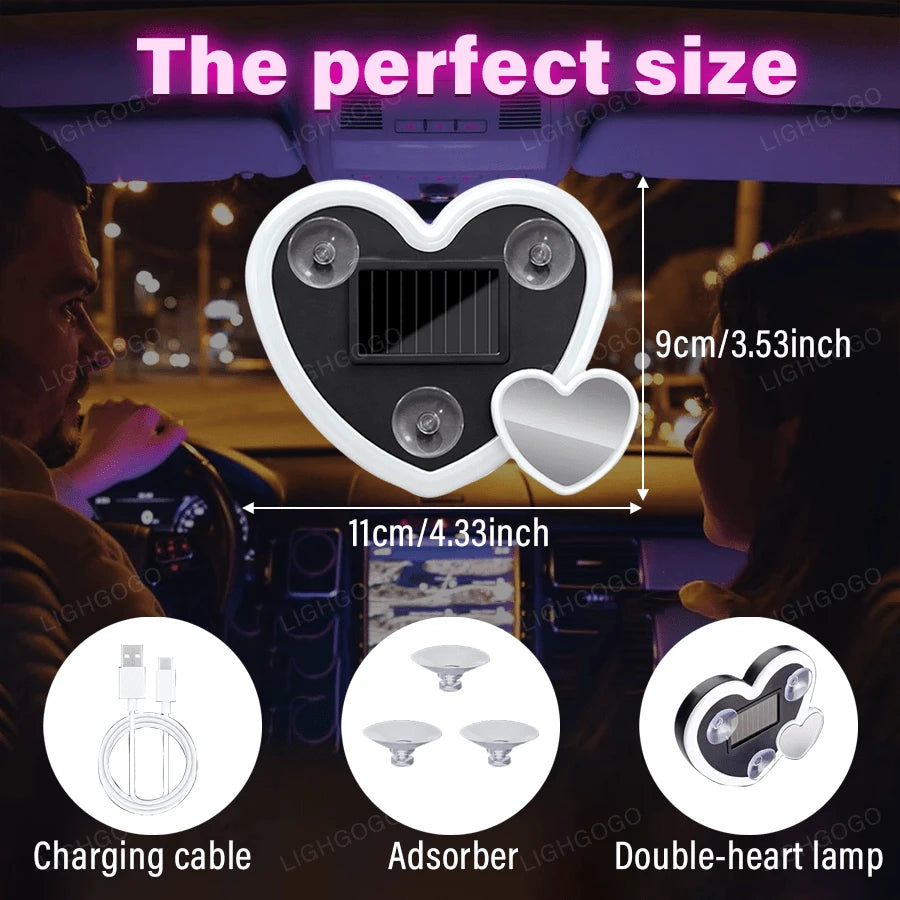 This Is A Pink, Heart-Shaped Car Ambient Light, Featuring A Double-Heart Design, Solar Power And USB Charging Capabilities, And Multiple Lighting Modes. It's Perfect For Dashboard Decoration And Inter