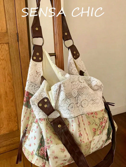 This Large Capacity Tote Bag Is Made Of Soft Printed Fabric, Adorned With Delicate And Fashionable Lace Trim. Reinforced Leather Straps Are Sturdy And Durable, Making It Perfect For Students, Teachers