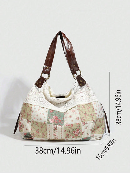 This Large Capacity Tote Bag Is Made Of Soft Printed Fabric, Adorned With Delicate And Fashionable Lace Trim. Reinforced Leather Straps Are Sturdy And Durable, Making It Perfect For Students, Teachers