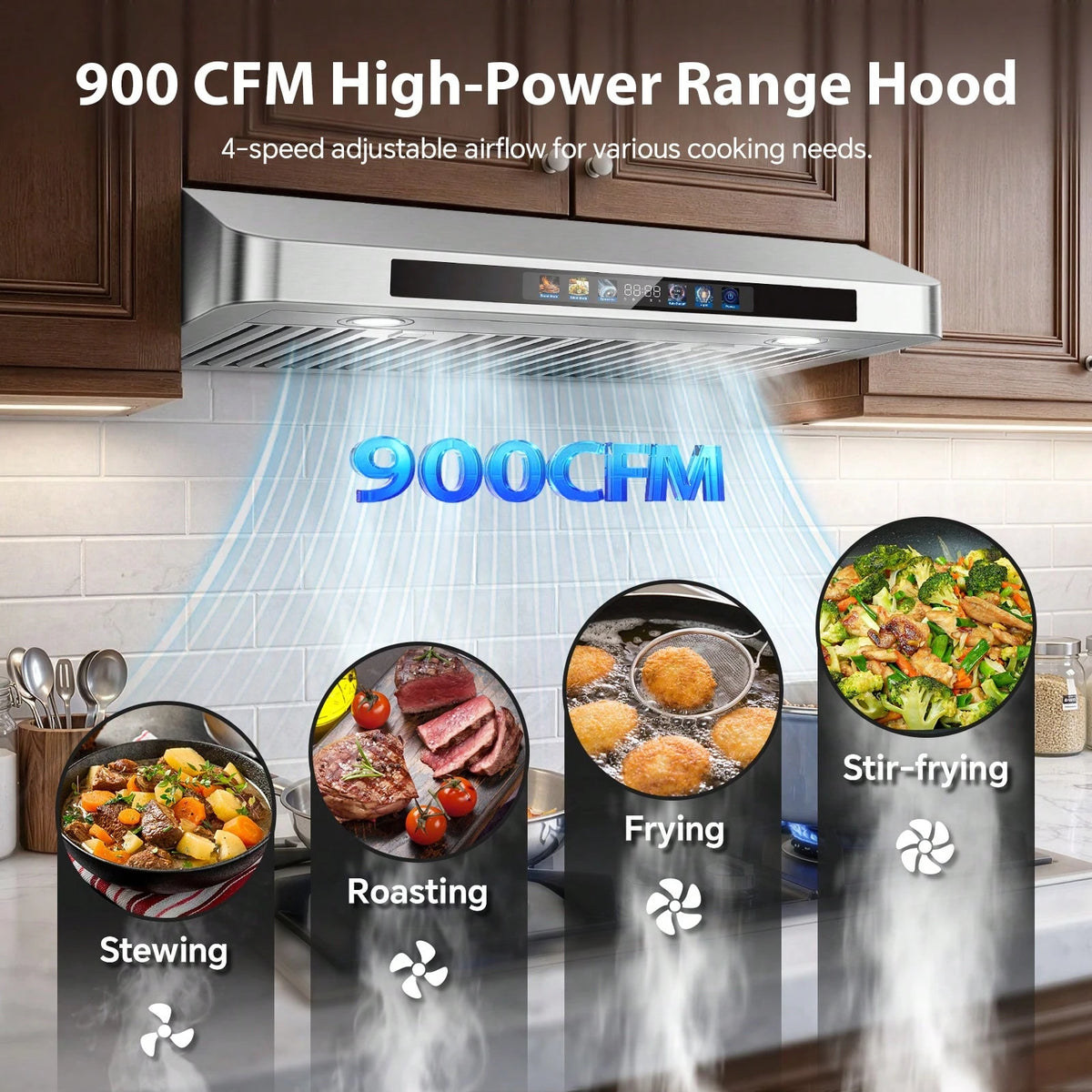 Tieasy Under Cabinet Range Hood 30 Inch, Kitchen Hood 900 CFM Stainless Steel With Gesture & Remote Control, 3-Speed Fan, Time Setting, Dishwasher Suitable Baffle Filters, Range Hoods Ductless Convert