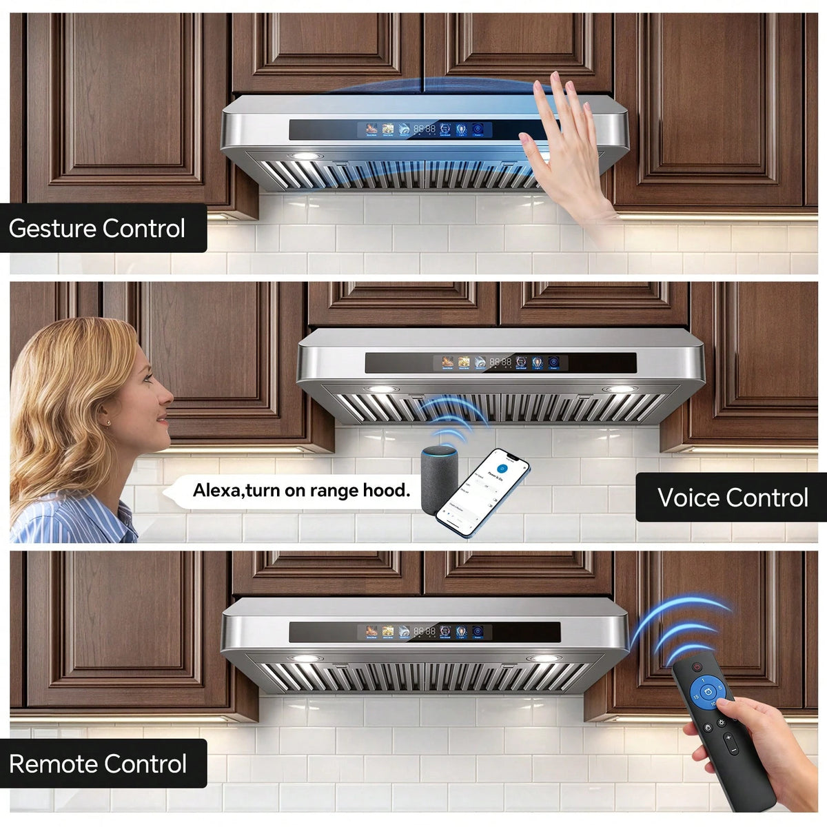 Tieasy Under Cabinet Range Hood 30 Inch, Kitchen Hood 900 CFM Stainless Steel With Gesture & Remote Control, 3-Speed Fan, Time Setting, Dishwasher Suitable Baffle Filters, Range Hoods Ductless Convert