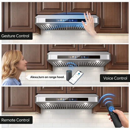 Tieasy Under Cabinet Range Hood 30 Inch, Kitchen Hood 900 CFM Stainless Steel With Gesture & Remote Control, 3-Speed Fan, Time Setting, Dishwasher Suitable Baffle Filters, Range Hoods Ductless Convert