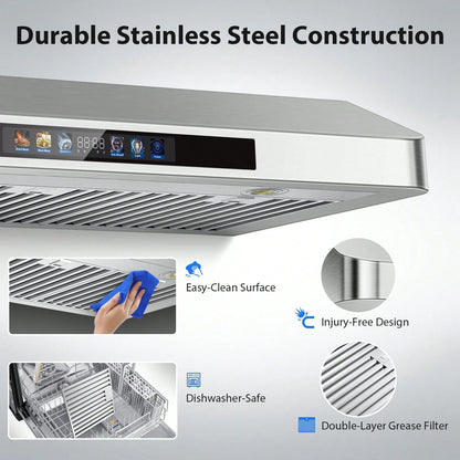 Tieasy Under Cabinet Range Hood 30 Inch, Kitchen Hood 900 CFM Stainless Steel With Gesture & Remote Control, 3-Speed Fan, Time Setting, Dishwasher Suitable Baffle Filters, Range Hoods Ductless Convert