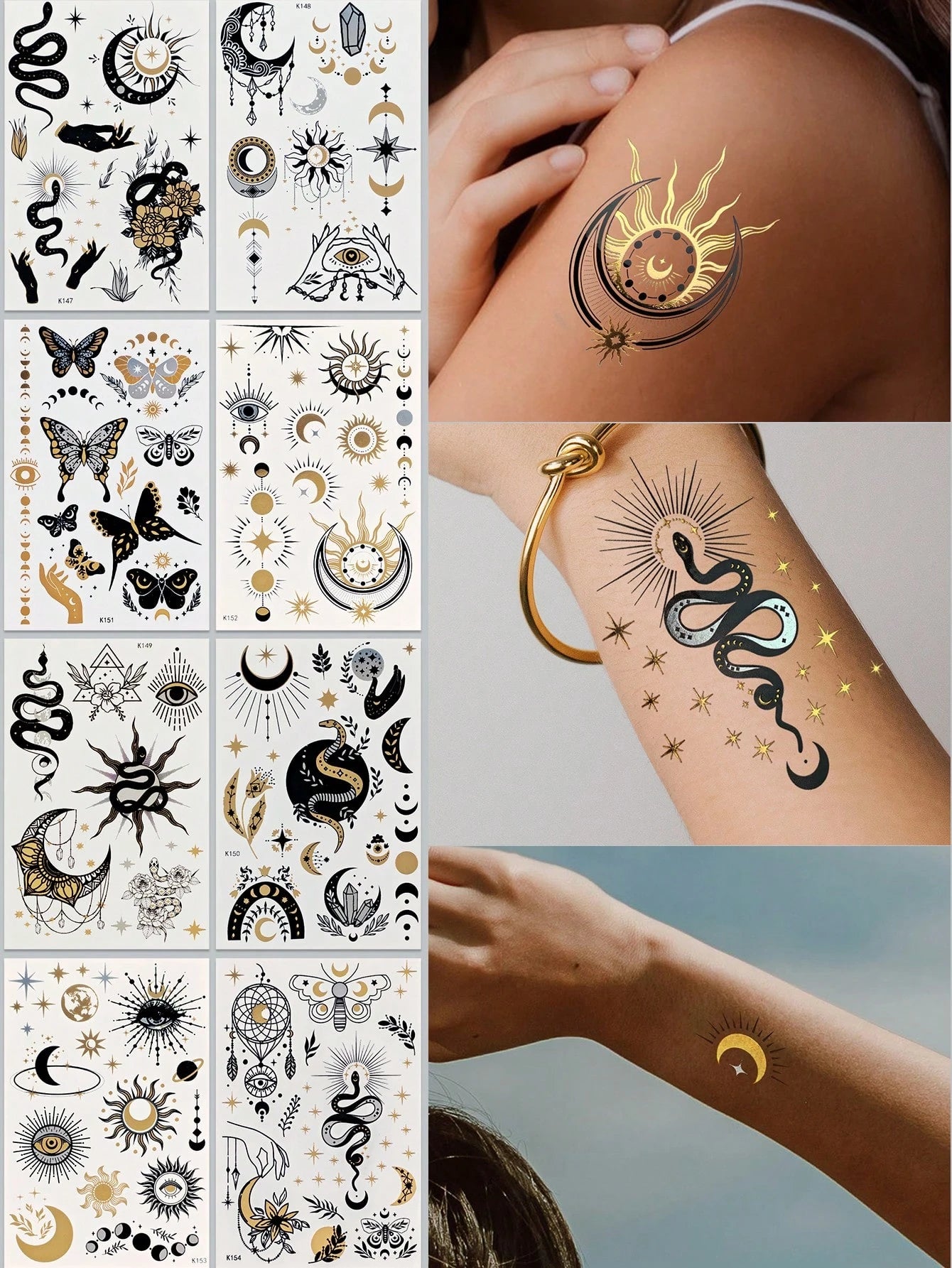 Tiebeauty 8 Sheets Metallic Gold Temporany Stickers,Snake & Sun & Yes & Moon Waterproof Stickers, Iver And Gold Fo Fake Allos Forface Body Hand Amm Neck Body Makeup