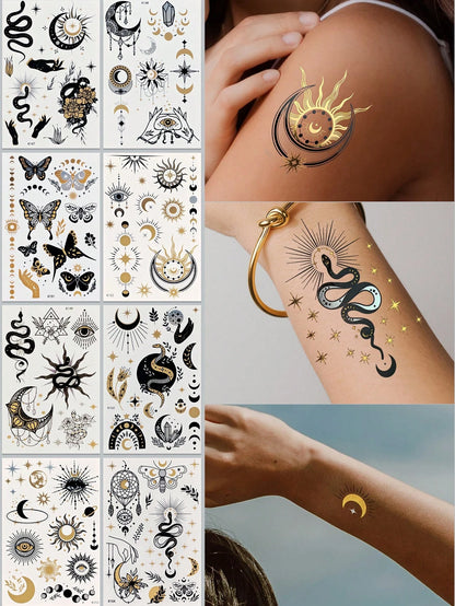 Tiebeauty 8 Sheets Metallic Gold Temporany Stickers,Snake & Sun & Yes & Moon Waterproof Stickers, Iver And Gold Fo Fake Allos Forface Body Hand Amm Neck Body Makeup