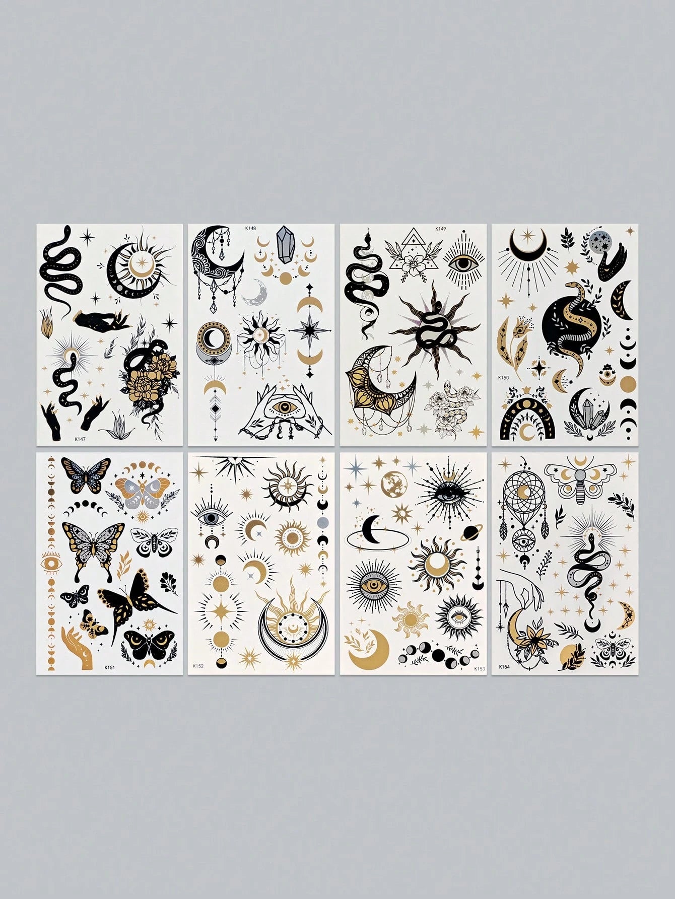 Tiebeauty 8 Sheets Metallic Gold Temporany Stickers,Snake & Sun & Yes & Moon Waterproof Stickers, Iver And Gold Fo Fake Allos Forface Body Hand Amm Neck Body Makeup