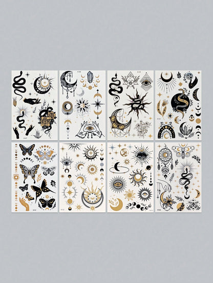 Tiebeauty 8 Sheets Metallic Gold Temporany Stickers,Snake & Sun & Yes & Moon Waterproof Stickers, Iver And Gold Fo Fake Allos Forface Body Hand Amm Neck Body Makeup
