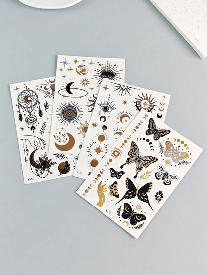 Tiebeauty 8 Sheets Metallic Gold Temporany Stickers,Snake & Sun & Yes & Moon Waterproof Stickers, Iver And Gold Fo Fake Allos Forface Body Hand Amm Neck Body Makeup