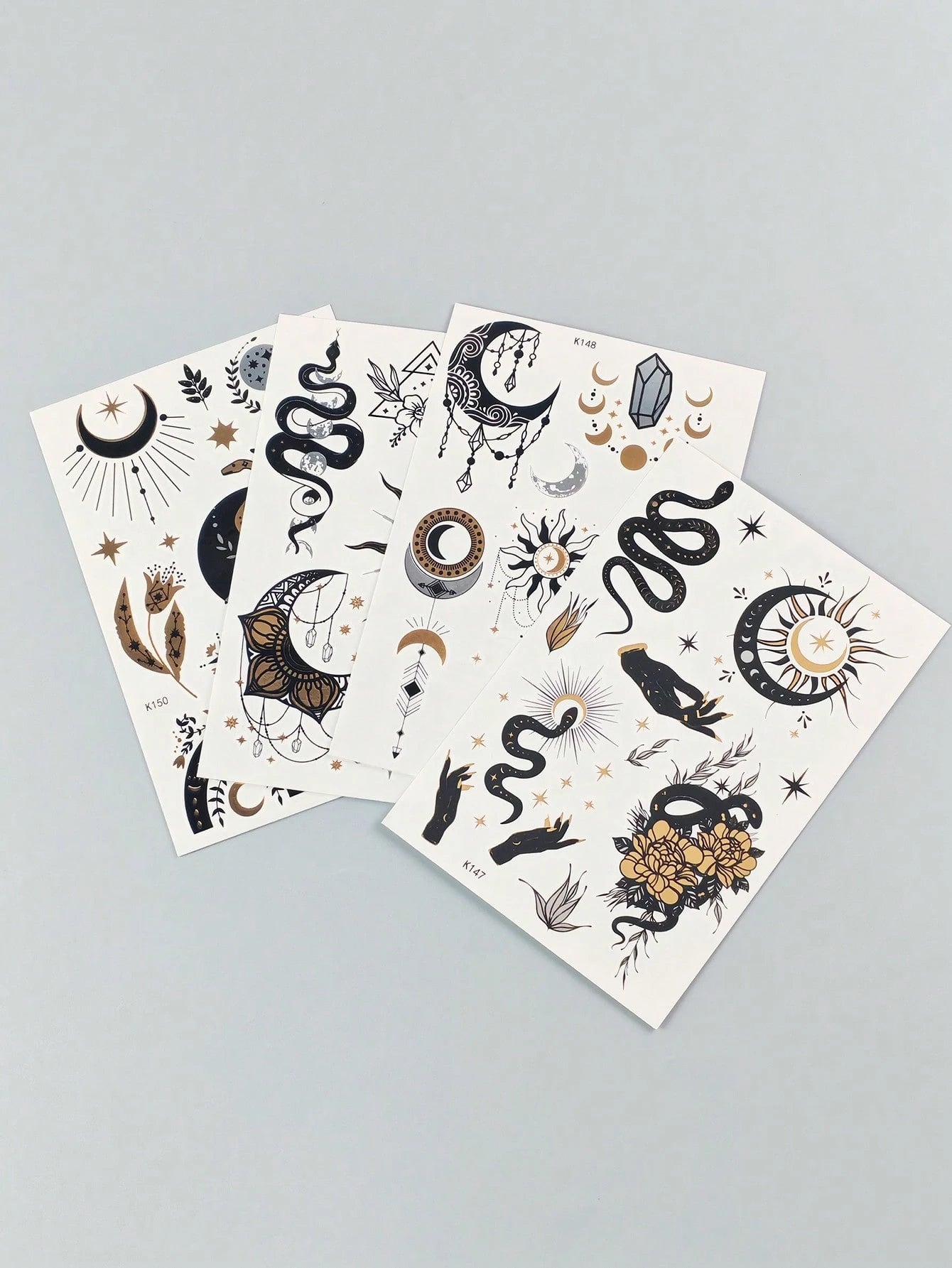 Tiebeauty 8 Sheets Metallic Gold Temporany Stickers,Snake & Sun & Yes & Moon Waterproof Stickers, Iver And Gold Fo Fake Allos Forface Body Hand Amm Neck Body Makeup