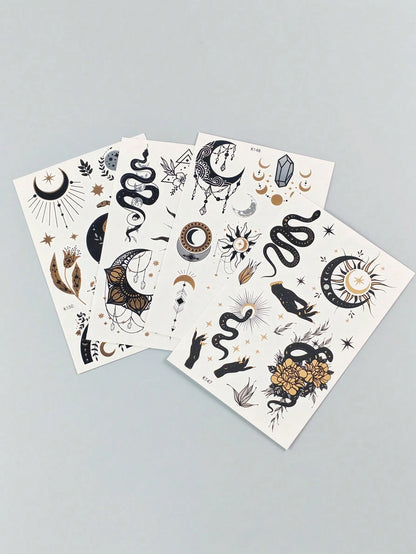Tiebeauty 8 Sheets Metallic Gold Temporany Stickers,Snake & Sun & Yes & Moon Waterproof Stickers, Iver And Gold Fo Fake Allos Forface Body Hand Amm Neck Body Makeup