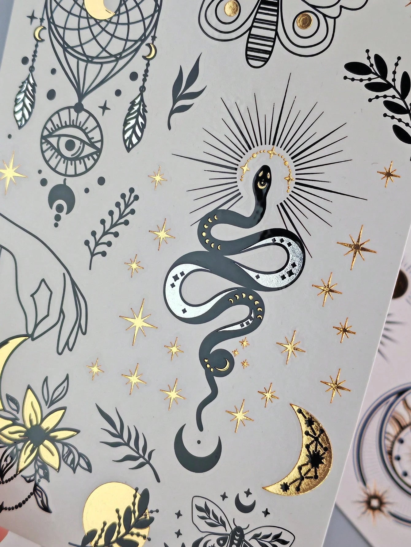Tiebeauty 8 Sheets Metallic Gold Temporany Stickers,Snake & Sun & Yes & Moon Waterproof Stickers, Iver And Gold Fo Fake Allos Forface Body Hand Amm Neck Body Makeup