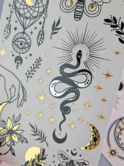Tiebeauty 8 Sheets Metallic Gold Temporany Stickers,Snake & Sun & Yes & Moon Waterproof Stickers, Iver And Gold Fo Fake Allos Forface Body Hand Amm Neck Body Makeup