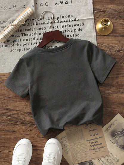Toddler Boys' Cool Street Style Short Sleeve T-Shirt, Versatile Dark Gray Basic Tee