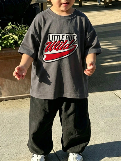 Toddler Boys' Cool Street Style Short Sleeve T-Shirt, Versatile Dark Gray Basic Tee
