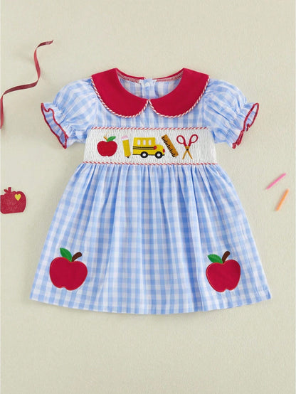 Toddler Girl First Day Of School Outfits Apple/Pencil/Book Embroidery Plaid Print Puff Sleeve Peter Pan Collar Smocked Dress