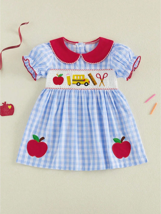 Toddler Girl First Day Of School Outfits Apple/Pencil/Book Embroidery Plaid Print Puff Sleeve Peter Pan Collar Smocked Dress