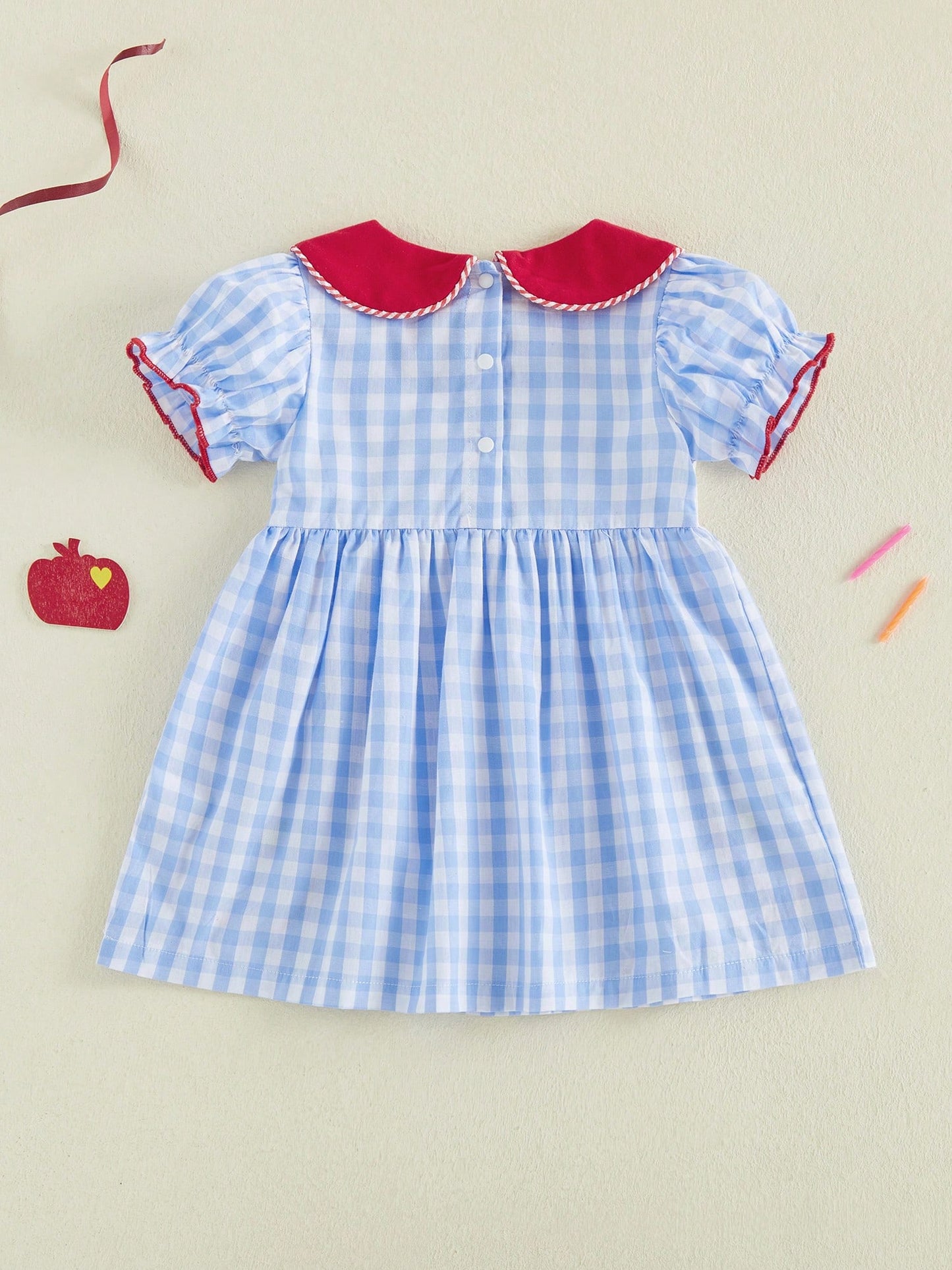 Toddler Girl First Day Of School Outfits Apple/Pencil/Book Embroidery Plaid Print Puff Sleeve Peter Pan Collar Smocked Dress