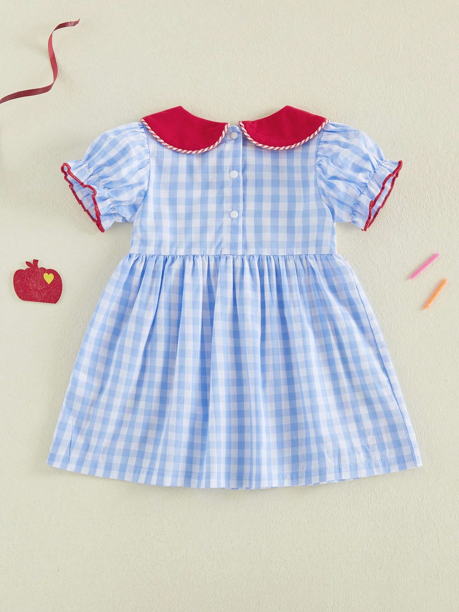 Toddler Girl First Day Of School Outfits Apple/Pencil/Book Embroidery Plaid Print Puff Sleeve Peter Pan Collar Smocked Dress