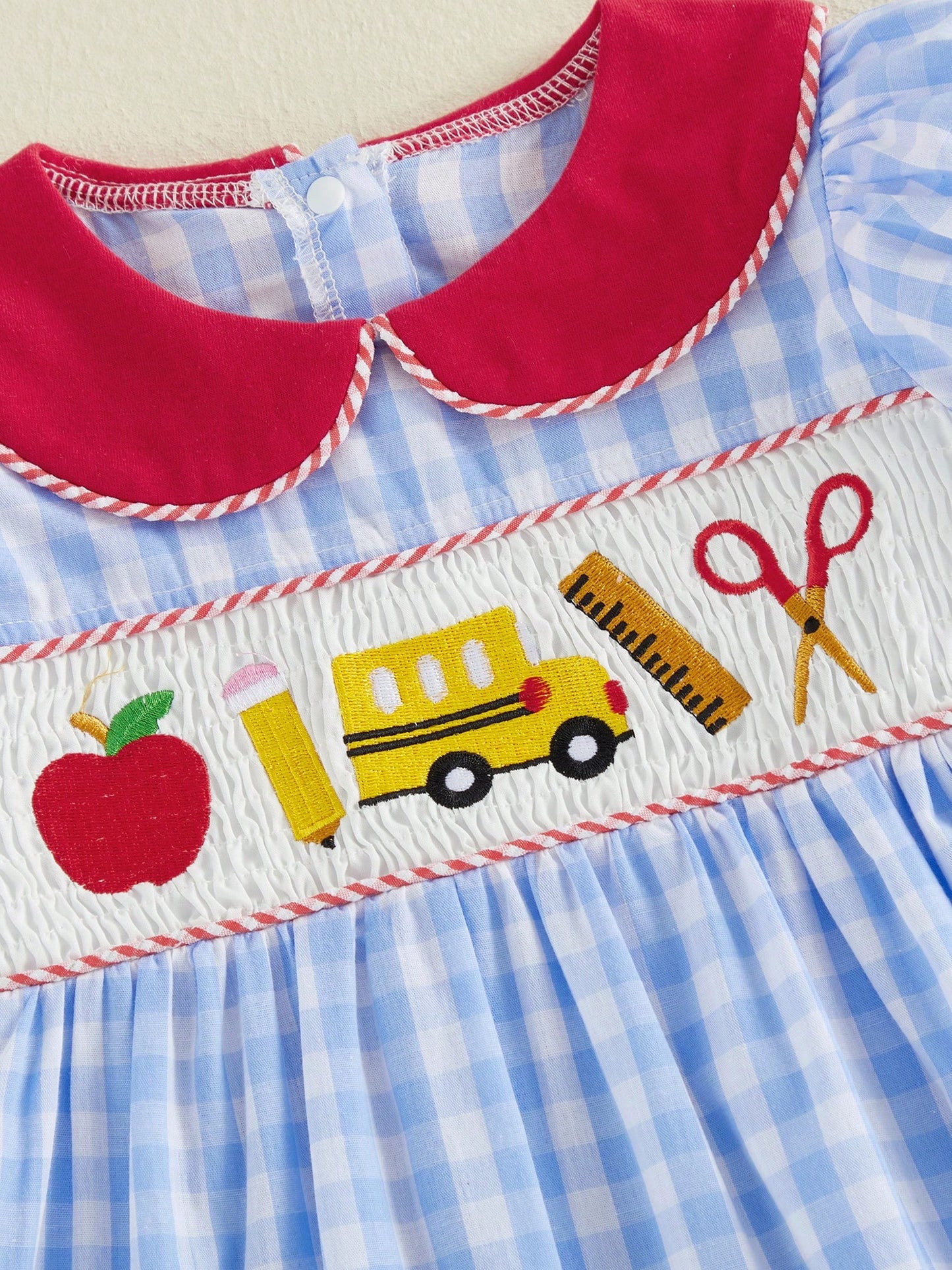 Toddler Girl First Day Of School Outfits Apple/Pencil/Book Embroidery Plaid Print Puff Sleeve Peter Pan Collar Smocked Dress