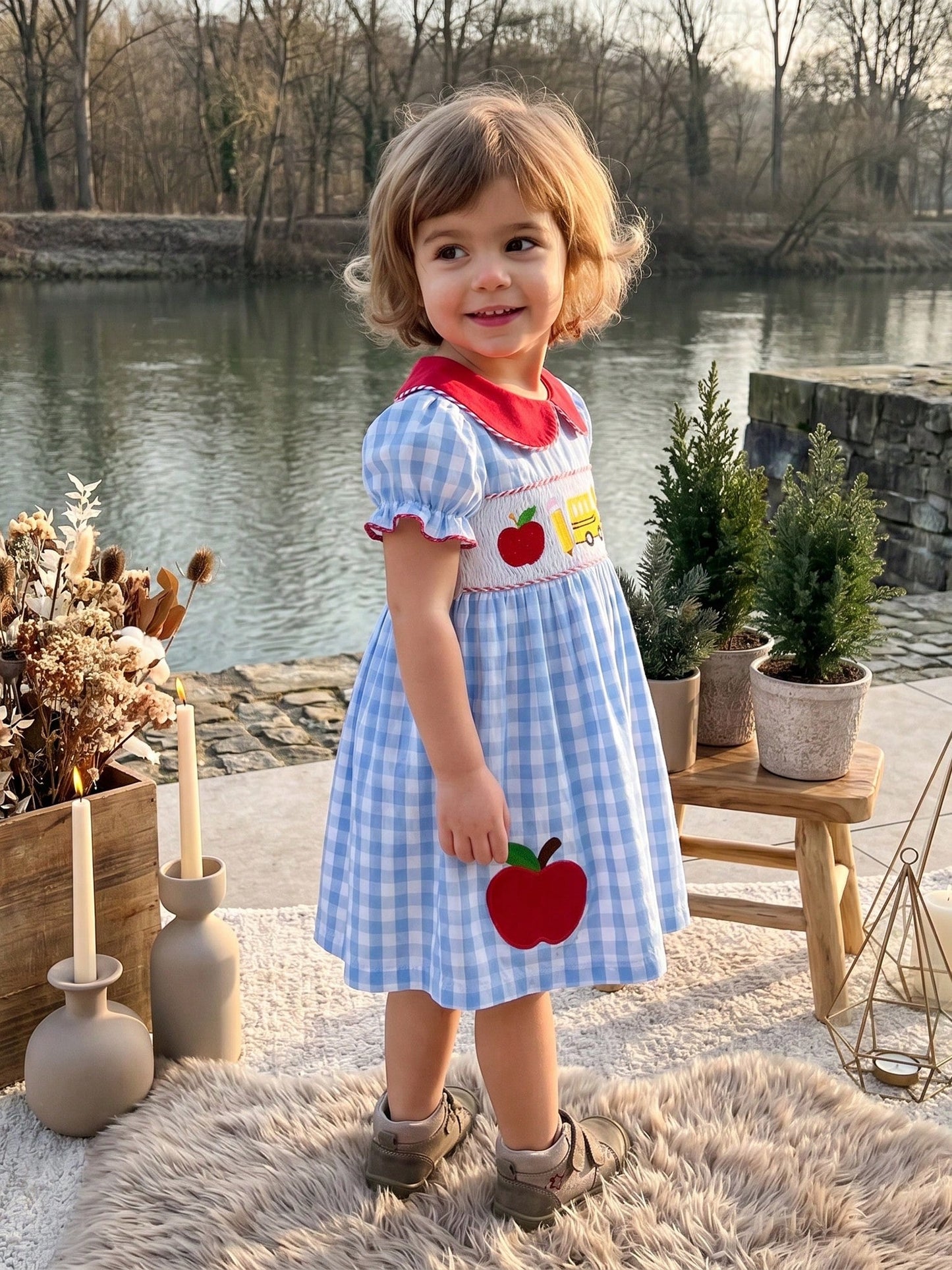 Toddler Girl First Day Of School Outfits Apple/Pencil/Book Embroidery Plaid Print Puff Sleeve Peter Pan Collar Smocked Dress