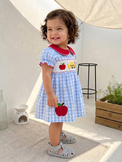 Toddler Girl First Day Of School Outfits Apple/Pencil/Book Embroidery Plaid Print Puff Sleeve Peter Pan Collar Smocked Dress