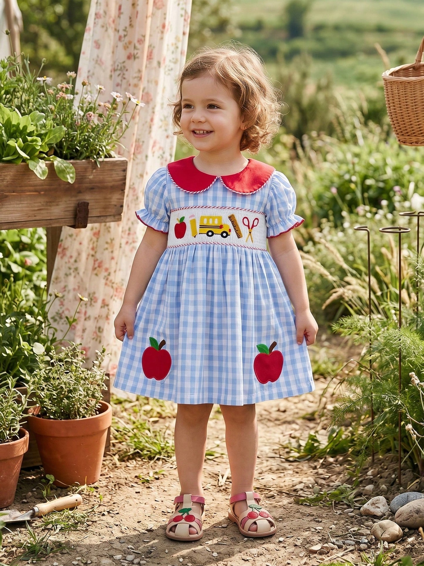 Toddler Girl First Day Of School Outfits Apple/Pencil/Book Embroidery Plaid Print Puff Sleeve Peter Pan Collar Smocked Dress
