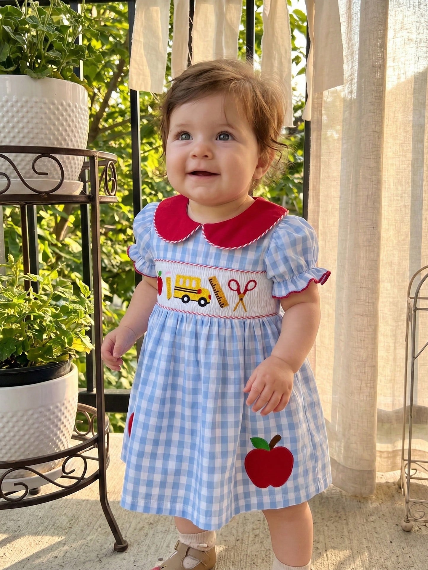 Toddler Girl First Day Of School Outfits Apple/Pencil/Book Embroidery Plaid Print Puff Sleeve Peter Pan Collar Smocked Dress