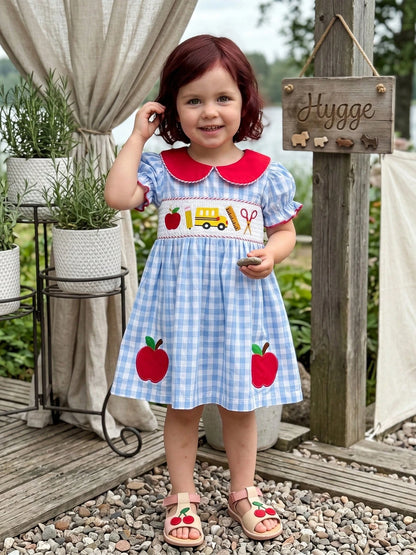 Toddler Girl First Day Of School Outfits Apple/Pencil/Book Embroidery Plaid Print Puff Sleeve Peter Pan Collar Smocked Dress