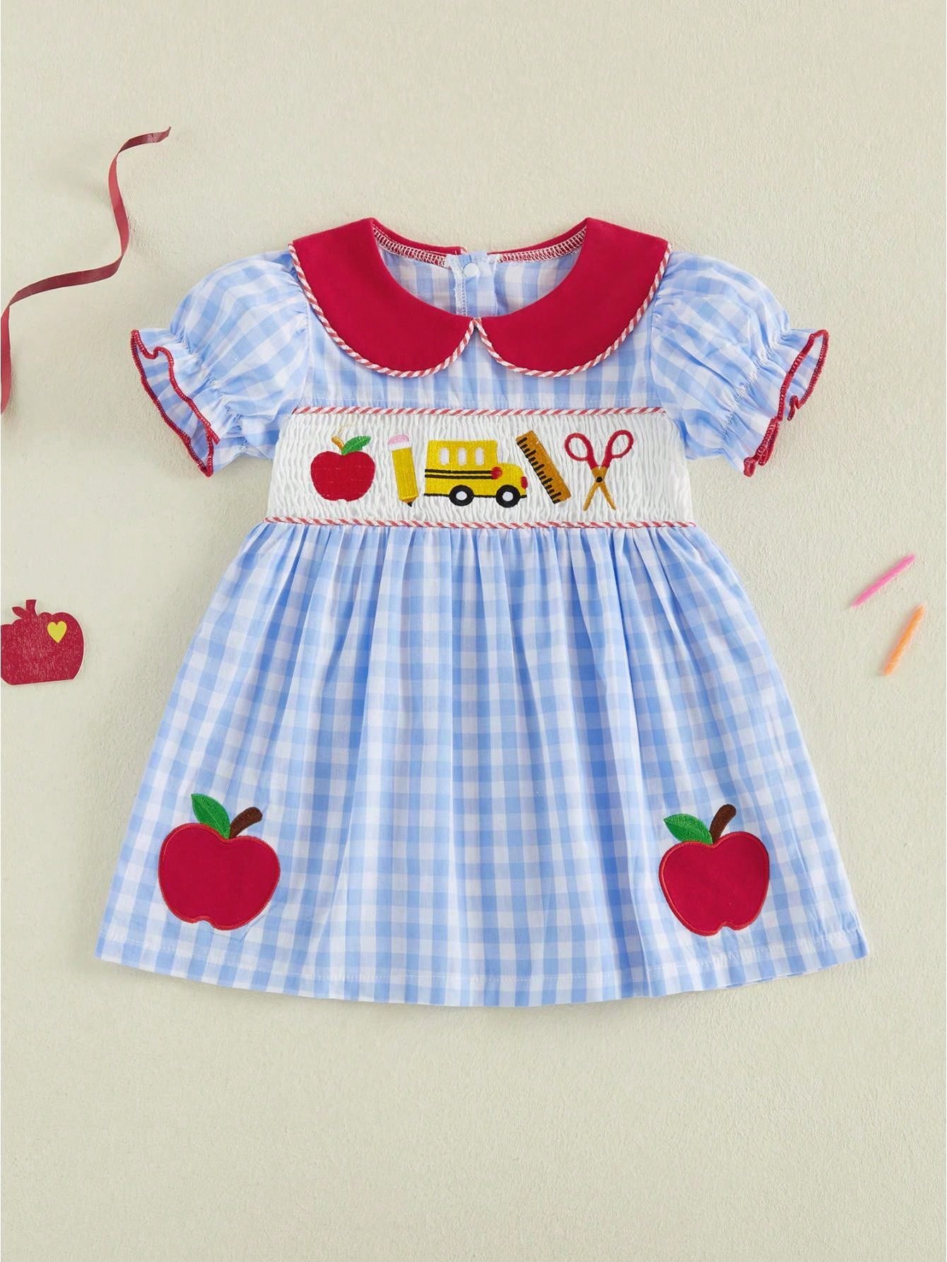 Toddler Girl First Day Of School Outfits Apple/Pencil/Book Embroidery Plaid Print Puff Sleeve Peter Pan Collar Smocked Dress
