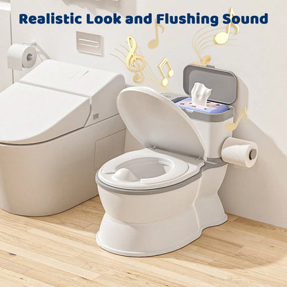 Toddler Potty Training Toilet- With Removable Training Seat, Realistic Flush Sound, Wipes Storage & Toilet Paper Holder, Fits 18-Month-Old Boys & Girls; Features Realistic Toilet Feel, Disposable Lin
