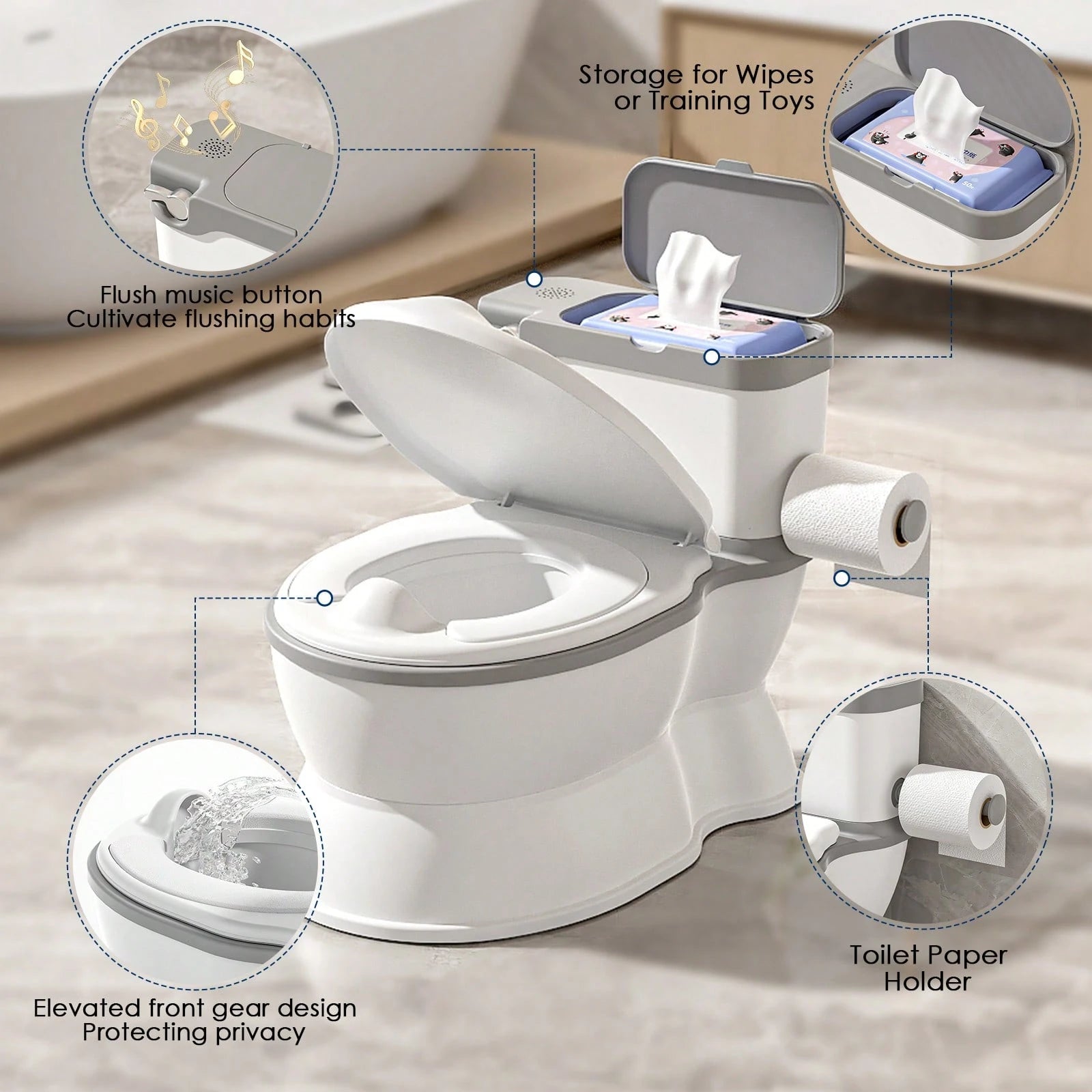 Toddler Potty Training Toilet- With Removable Training Seat, Realistic Flush Sound, Wipes Storage & Toilet Paper Holder, Fits 18-Month-Old Boys & Girls; Features Realistic Toilet Feel, Disposable Lin