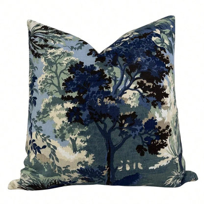 Toile Pillow Cover In Navy, Designer Pillow Cover, Decorative Pillows Case,Dark Navy Teal Toile Forest Tree Landscape Decor Throw Pillow Cover