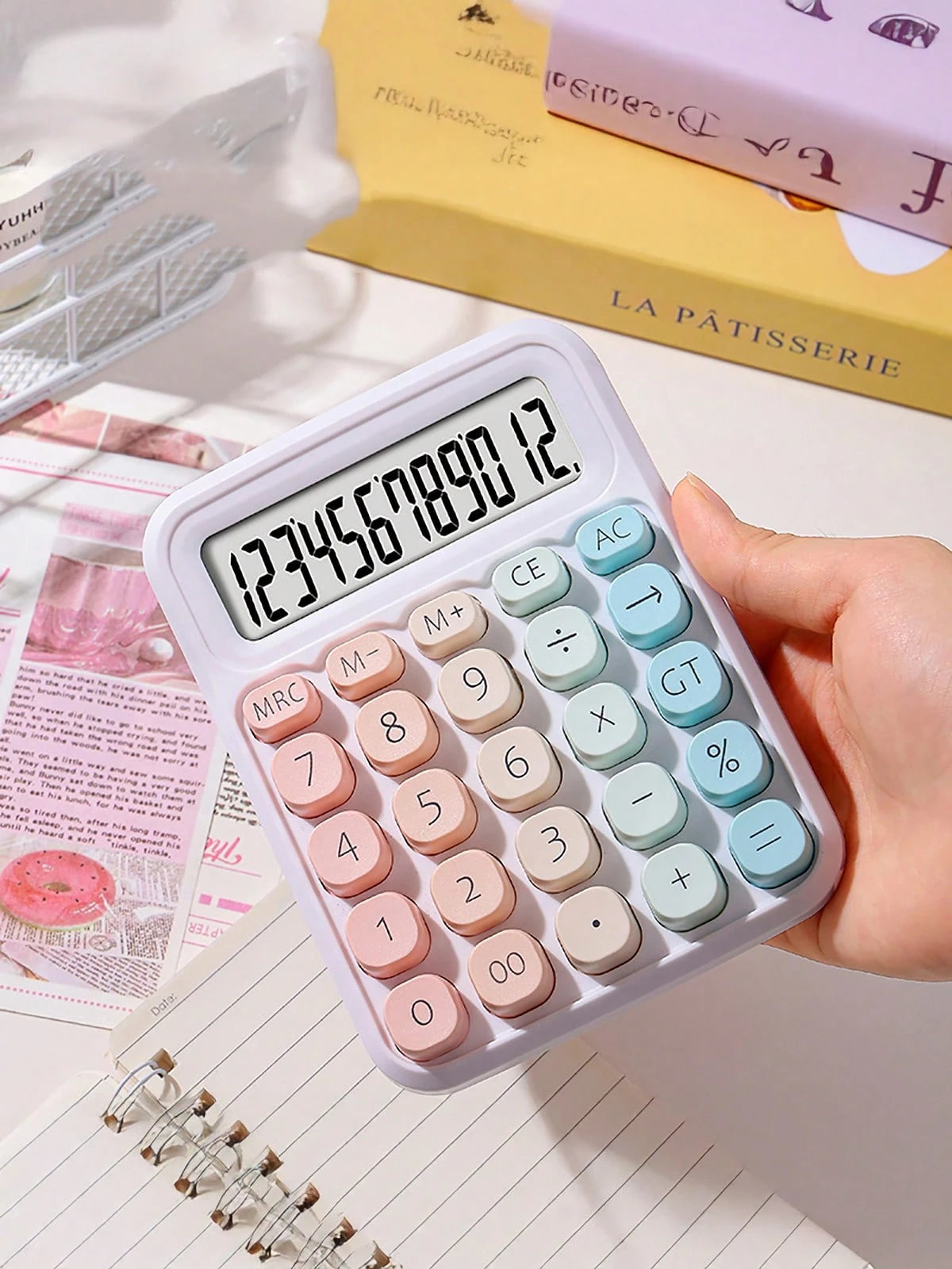 tonxiyuemu 1pc Dopamine Rainbow Candy Print Calculator, 12-Digit Large Display, Cute Gradient Color Retro Design Student & Office Cashier Use,School Supplies,Back To School