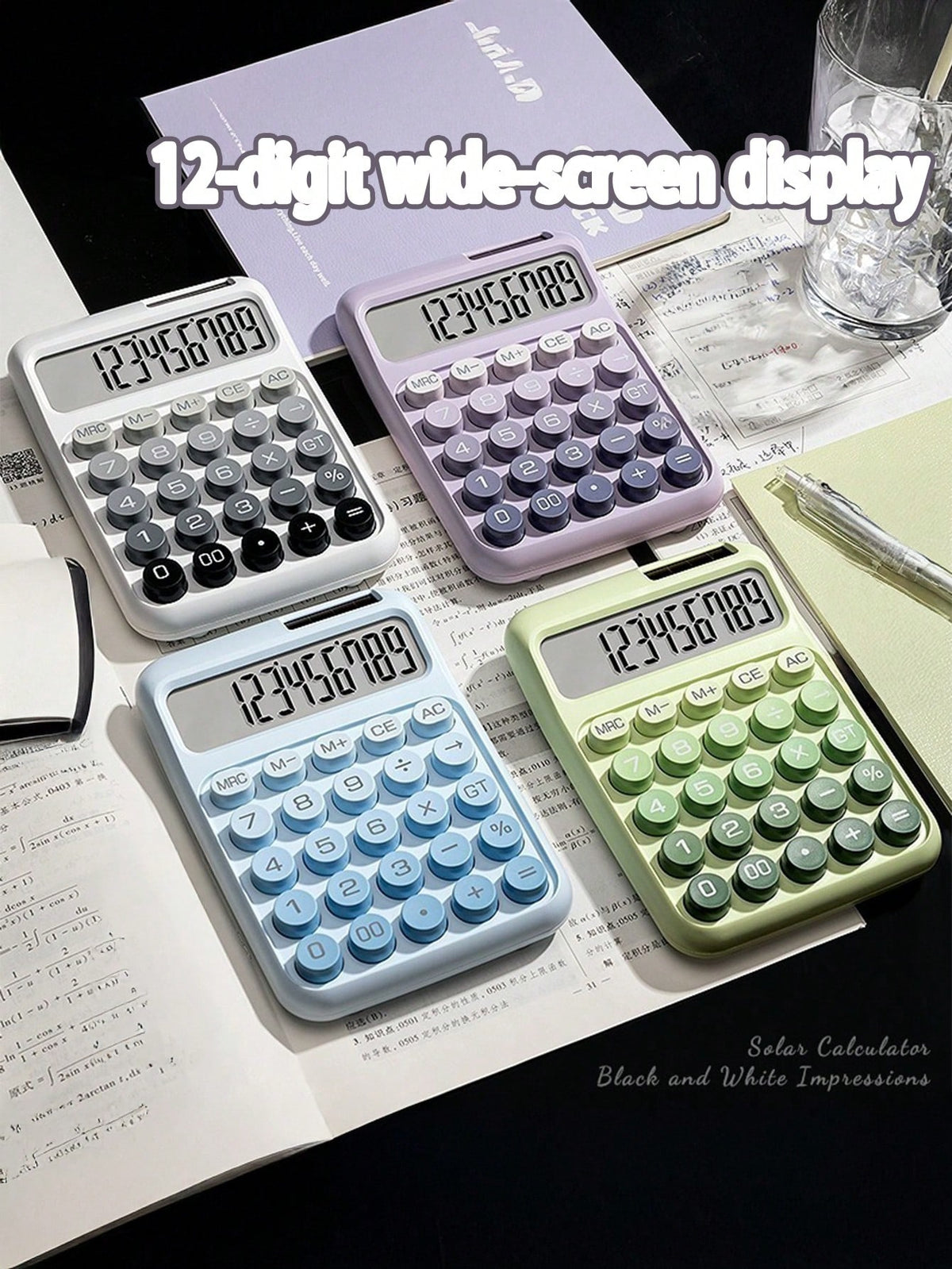 tonxiyuemu 1pc Dual Power Ombre Color Calculator, 12-Digit Wide Screen Display, Flexible Mechanical Keys, Large Size Body, Solar + Battery Powered, Suitable For School, Exam, Office, Front Desk, Back