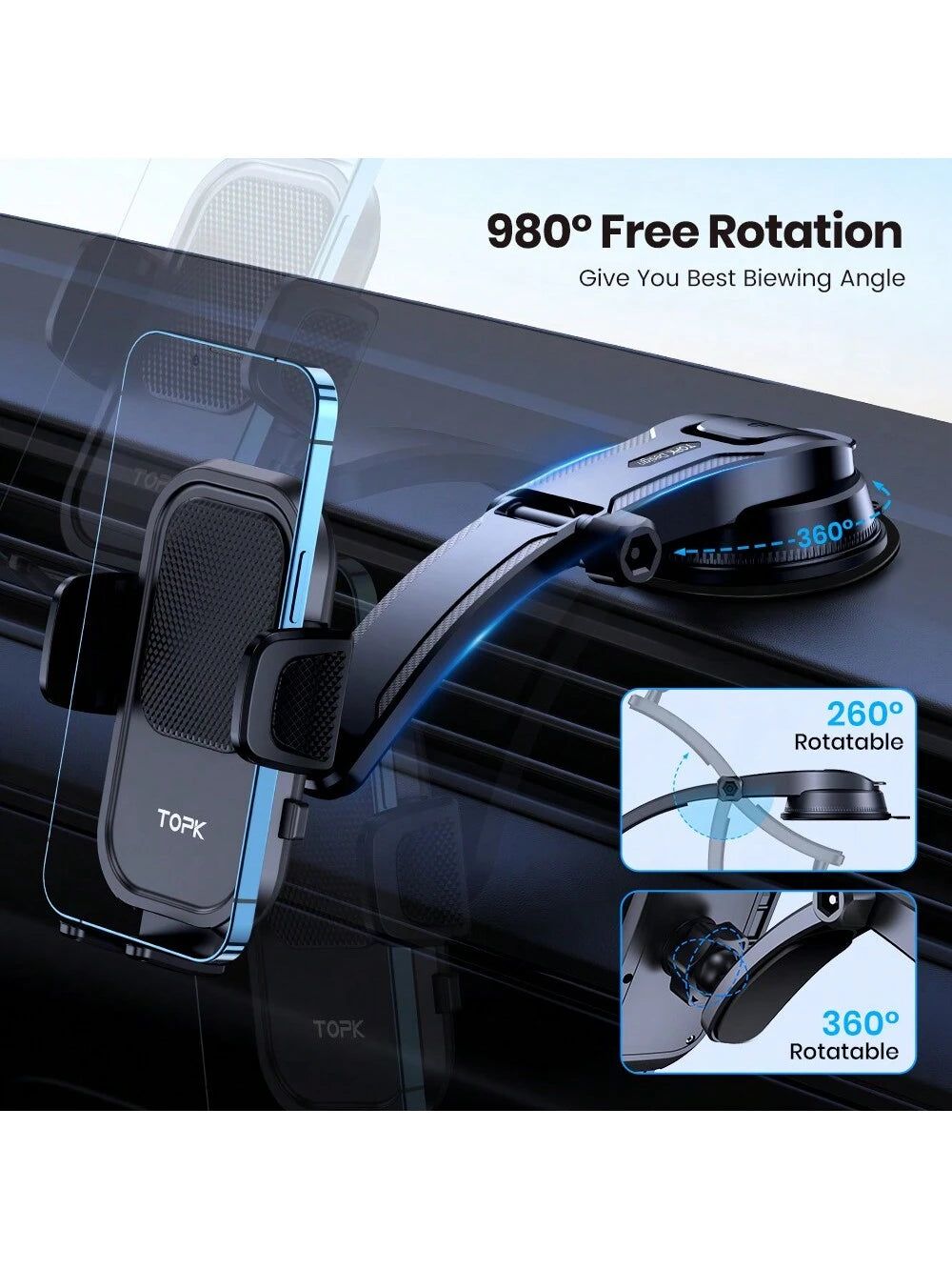 TOPK D40-C Car Phone Holder Mount, Upgraded Handsfree Stand, Phone Holder For Car Dashboard, Compatible With IPhone Android Cell Phones
