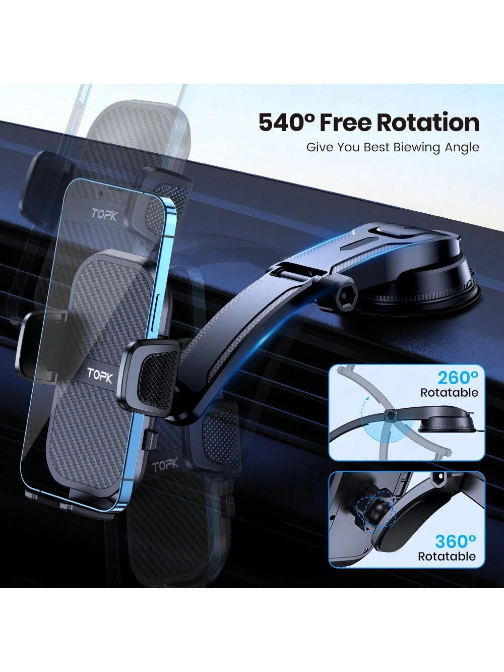 TOPK Phone Holder for Car Dashboard, Upgraded Adjustable horizontally and vertically Cell Phone Mount For Car Dashboard Compatible With All Phones