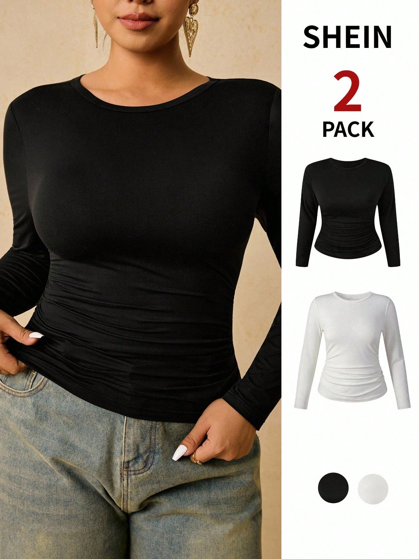 Travachic Plus Size Women's Black White Long Sleeve Crew Neck T-Shirt, Ruched Waist Tummy Control Slim Fit Top, Ribbed Knit Autumn Winter Elegant Office Formal