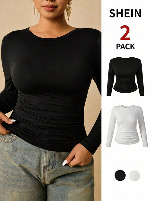 Travachic Plus Size Women's Black White Long Sleeve Crew Neck T-Shirt, Ruched Waist Tummy Control Slim Fit Top, Ribbed Knit Autumn Winter Elegant Office Formal