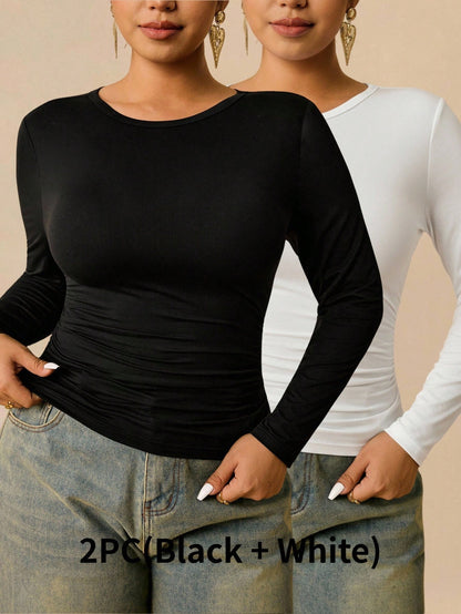 Travachic Plus Size Women's Black White Long Sleeve Crew Neck T-Shirt, Ruched Waist Tummy Control Slim Fit Top, Ribbed Knit Autumn Winter Elegant Office Formal