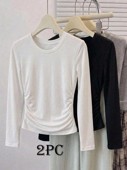 Travachic Plus Size Women's Black White Long Sleeve Crew Neck T-Shirt, Ruched Waist Tummy Control Slim Fit Top, Ribbed Knit Autumn Winter Elegant Office Formal